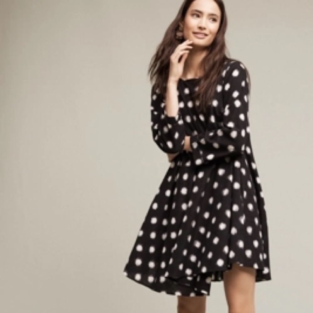 Norblack Norwhite Black Polka Dot Long Sleeve Trapeze Dress